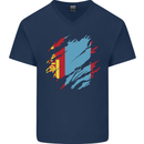 Torn Mongolia Flag Mongolian Day Football Mens V-Neck Cotton T-Shirt Navy Blue