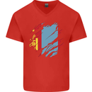 Torn Mongolia Flag Mongolian Day Football Mens V-Neck Cotton T-Shirt Red