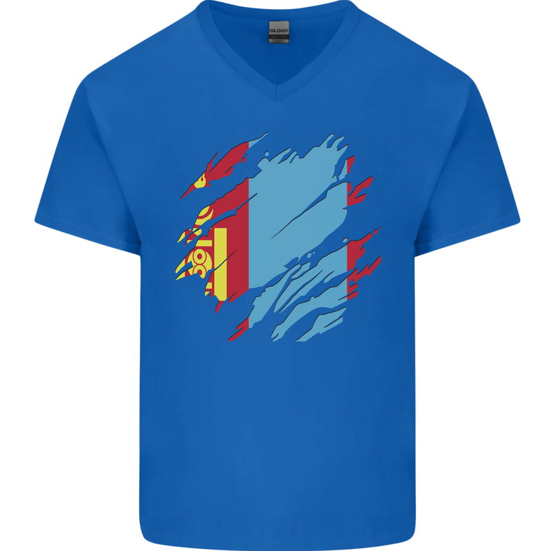 Torn Mongolia Flag Mongolian Day Football Mens V-Neck Cotton T-Shirt Royal Blue