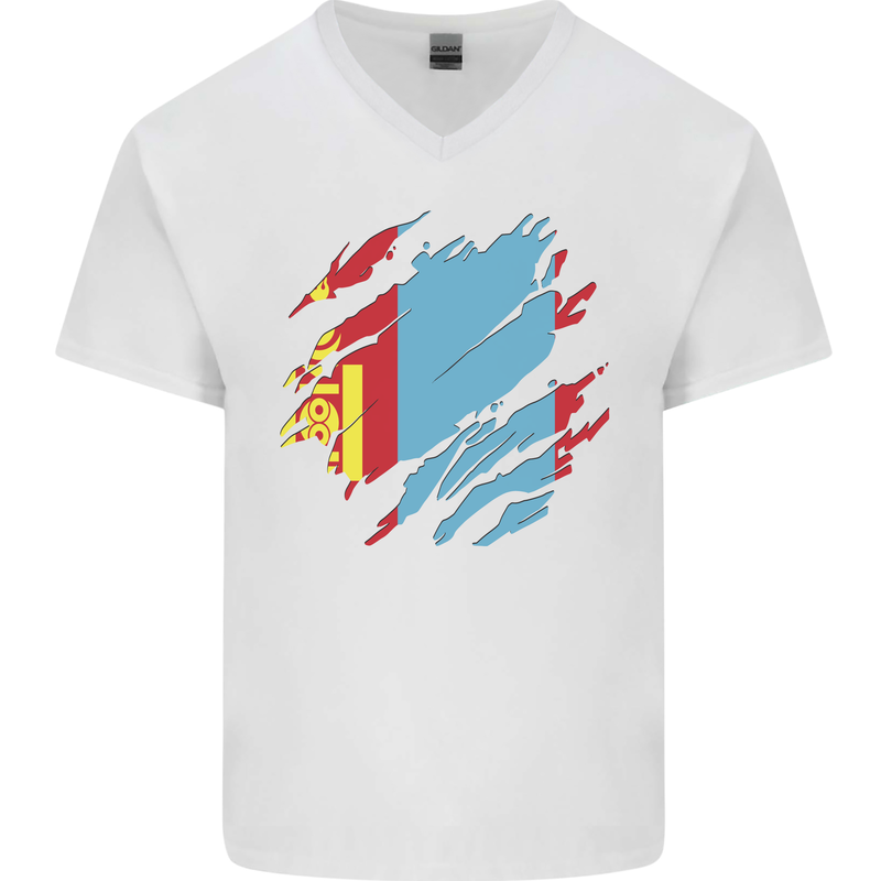 Torn Mongolia Flag Mongolian Day Football Mens V-Neck Cotton T-Shirt White
