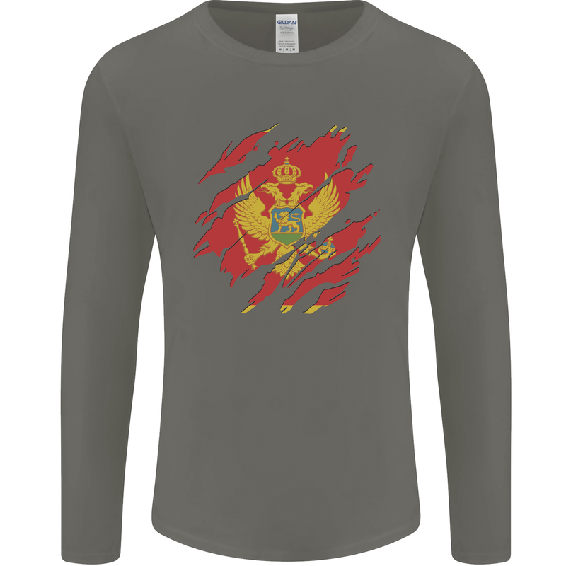 Torn Montenegro Flag Montenegrin Day Football Mens Long Sleeve T-Shirt Charcoal