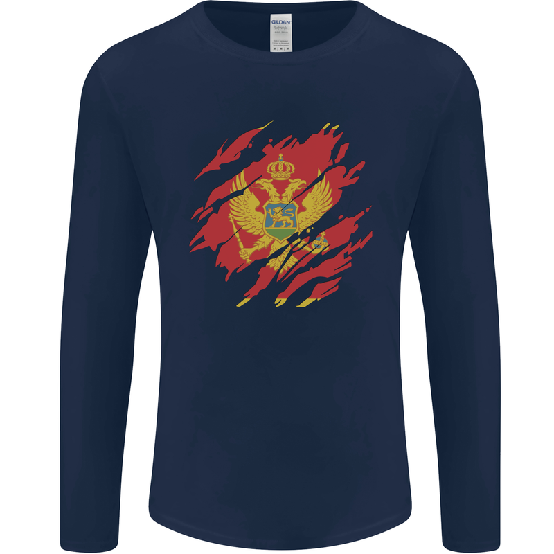 Torn Montenegro Flag Montenegrin Day Football Mens Long Sleeve T-Shirt Navy Blue
