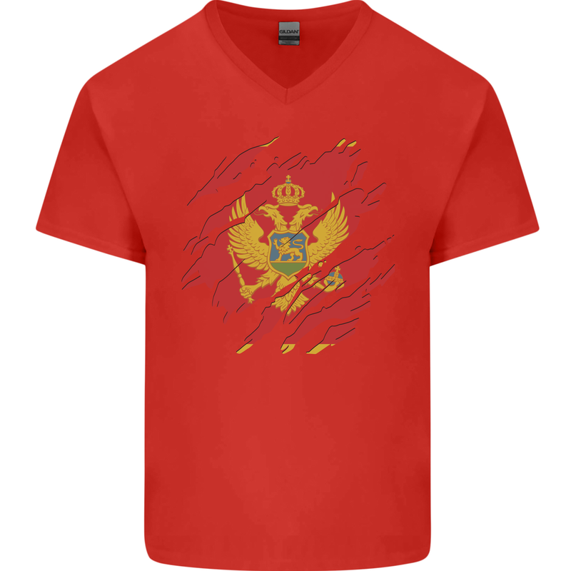 Torn Montenegro Flag Montenegrin Day Football Mens V-Neck Cotton T-Shirt Red