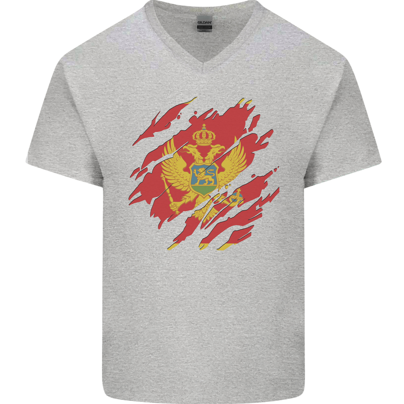 Torn Montenegro Flag Montenegrin Day Football Mens V-Neck Cotton T-Shirt Sports Grey
