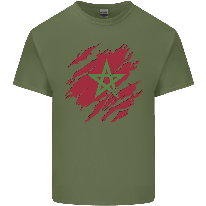 Torn Morocco Flag Moroccan Day Football Mens Cotton T-Shirt Tee Top Military Green