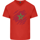 Torn Morocco Flag Moroccan Day Football Mens V-Neck Cotton T-Shirt Red