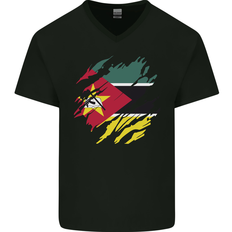 Torn Mozambique Flag Mozambican Day Football Mens V-Neck Cotton T-Shirt Black
