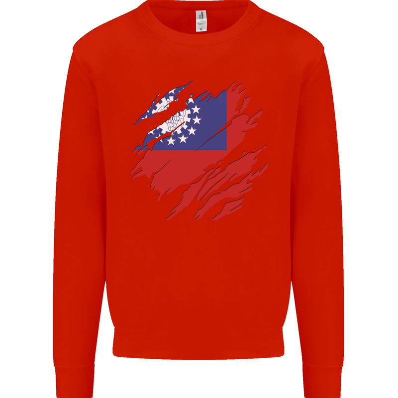 Torn Myanmar Flag Burmese Day Football Kids Sweatshirt Jumper Bright Red