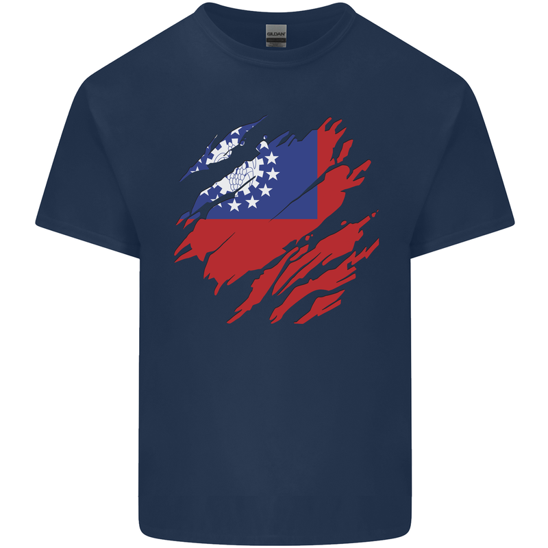 Torn Myanmar Flag Burmese Day Football Mens Cotton T-Shirt Tee Top Navy Blue