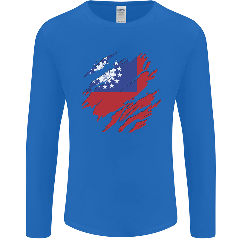 Torn Myanmar Flag Burmese Day Football Mens Long Sleeve T-Shirt Royal Blue
