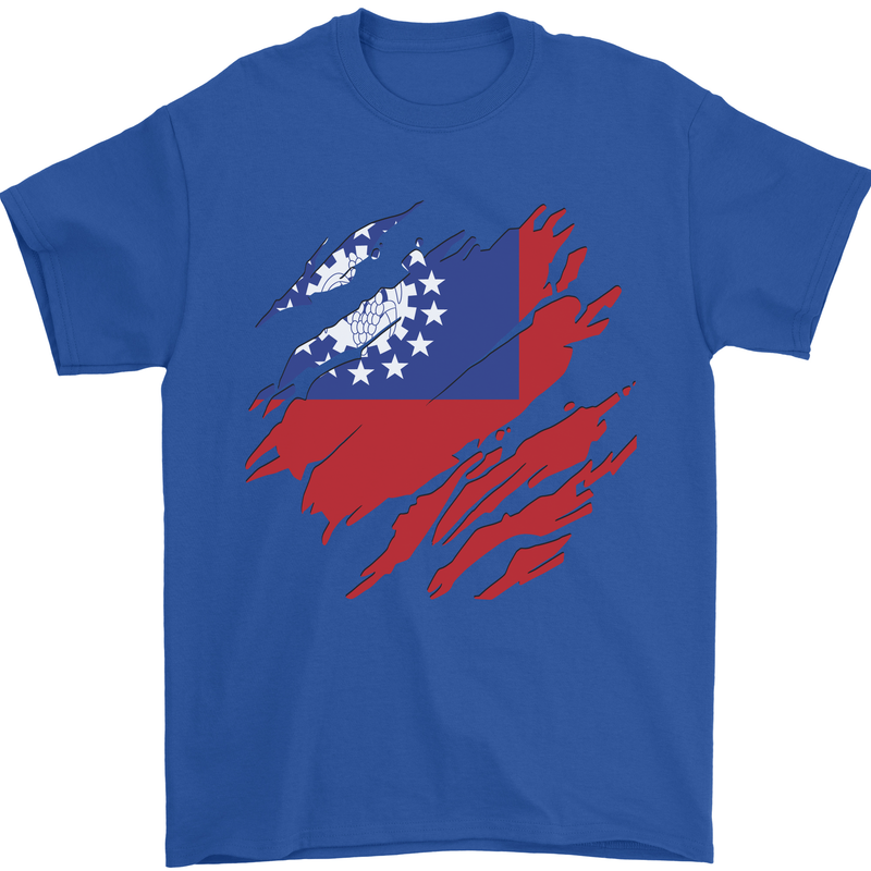 Torn Myanmar Flag Burmese Day Football Mens T-Shirt 100% Cotton Royal Blue