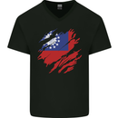 Torn Myanmar Flag Burmese Day Football Mens V-Neck Cotton T-Shirt Black