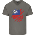 Torn Myanmar Flag Burmese Day Football Mens V-Neck Cotton T-Shirt Charcoal