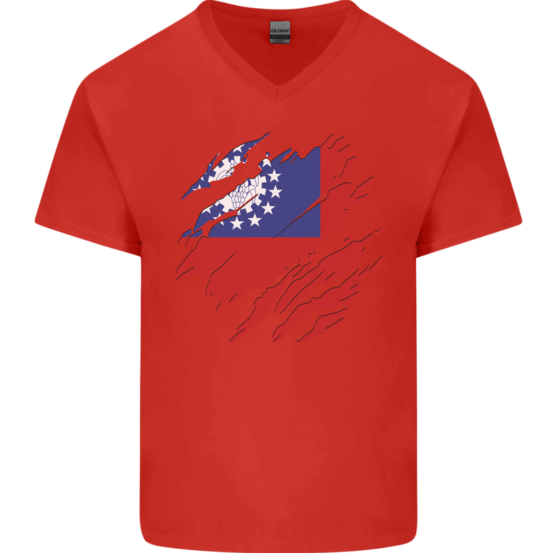 Torn Myanmar Flag Burmese Day Football Mens V-Neck Cotton T-Shirt Red