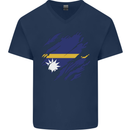 Torn Nauru Flag Nauruan Day Football Mens V-Neck Cotton T-Shirt Navy Blue