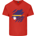 Torn Nauru Flag Nauruan Day Football Mens V-Neck Cotton T-Shirt Red