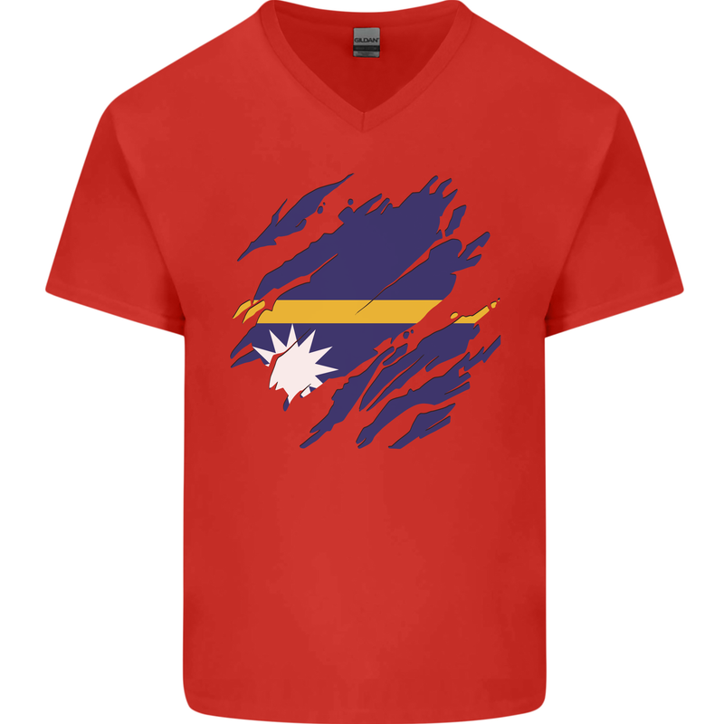 Torn Nauru Flag Nauruan Day Football Mens V-Neck Cotton T-Shirt Red