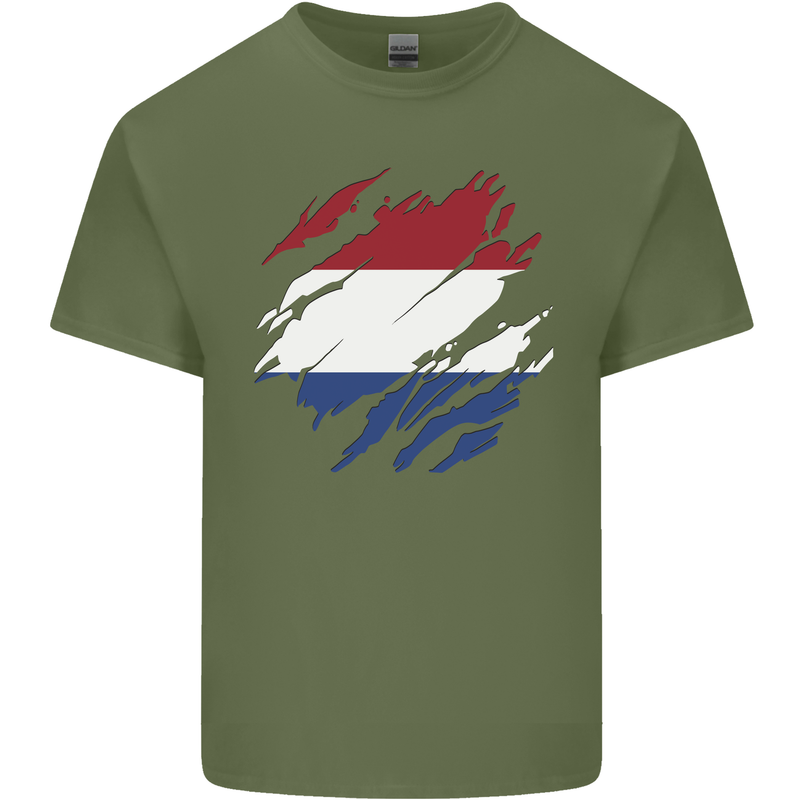 Torn Netherlands Flag Holland Dutch Day Football Mens Cotton T-Shirt Tee Top Military Green