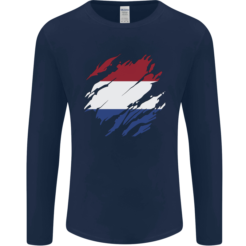 Torn Netherlands Flag Holland Dutch Day Football Mens Long Sleeve T-Shirt Navy Blue