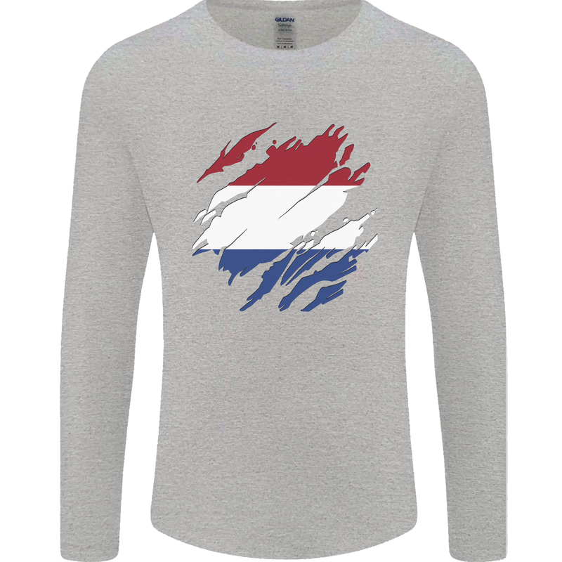 Torn Netherlands Flag Holland Dutch Day Football Mens Long Sleeve T-Shirt Sports Grey