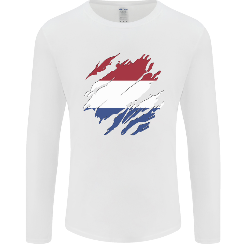 Torn Netherlands Flag Holland Dutch Day Football Mens Long Sleeve T-Shirt White