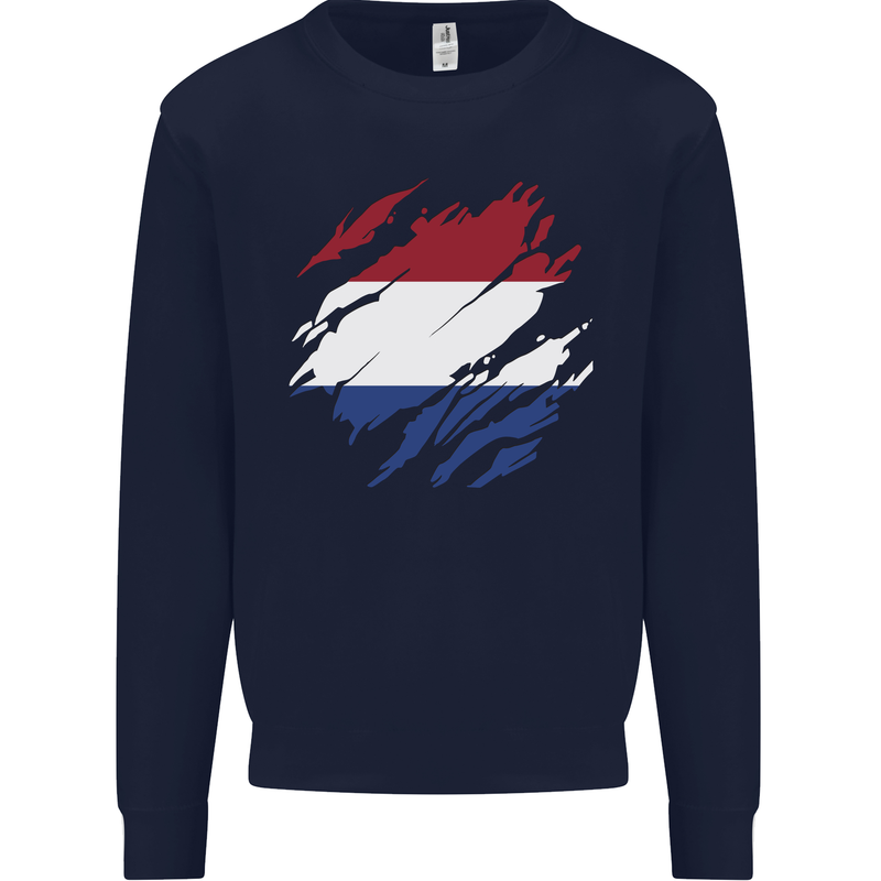 Torn Netherlands Flag Holland Dutch Day Football Mens Sweatshirt Jumper Navy Blue