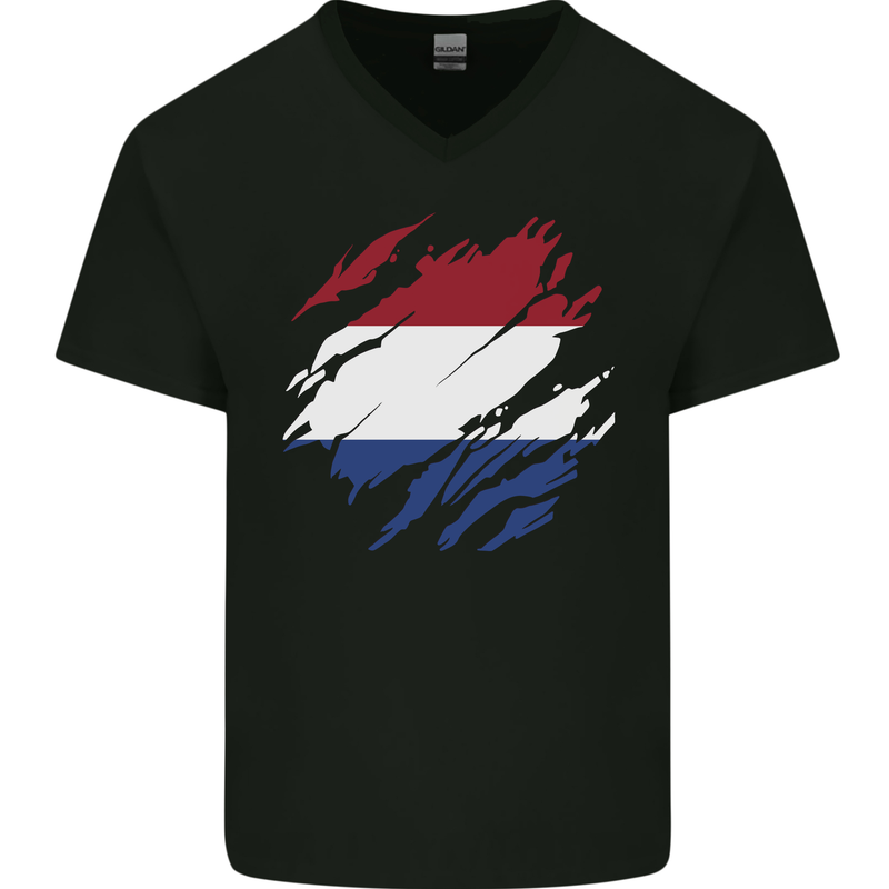 Torn Netherlands Flag Holland Dutch Day Football Mens V-Neck Cotton T-Shirt Black