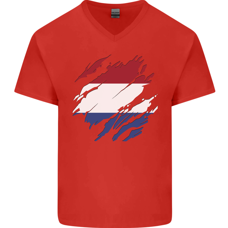 Torn Netherlands Flag Holland Dutch Day Football Mens V-Neck Cotton T-Shirt Red