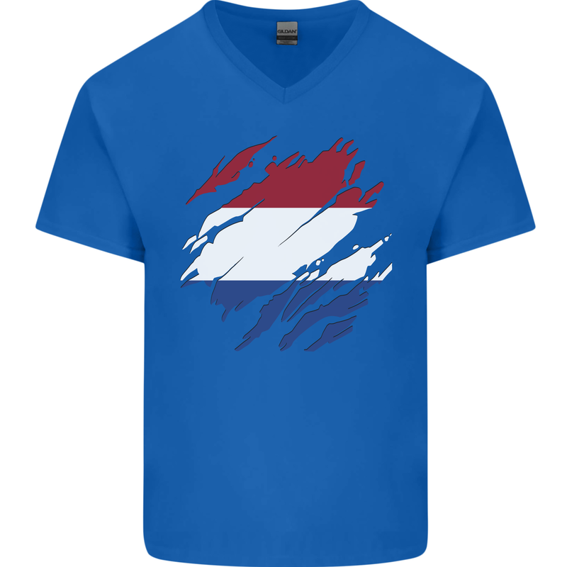 Torn Netherlands Flag Holland Dutch Day Football Mens V-Neck Cotton T-Shirt Royal Blue