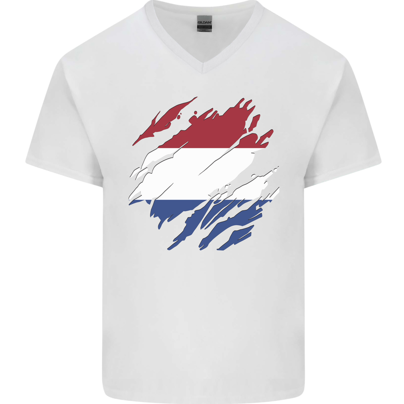 Torn Netherlands Flag Holland Dutch Day Football Mens V-Neck Cotton T-Shirt White
