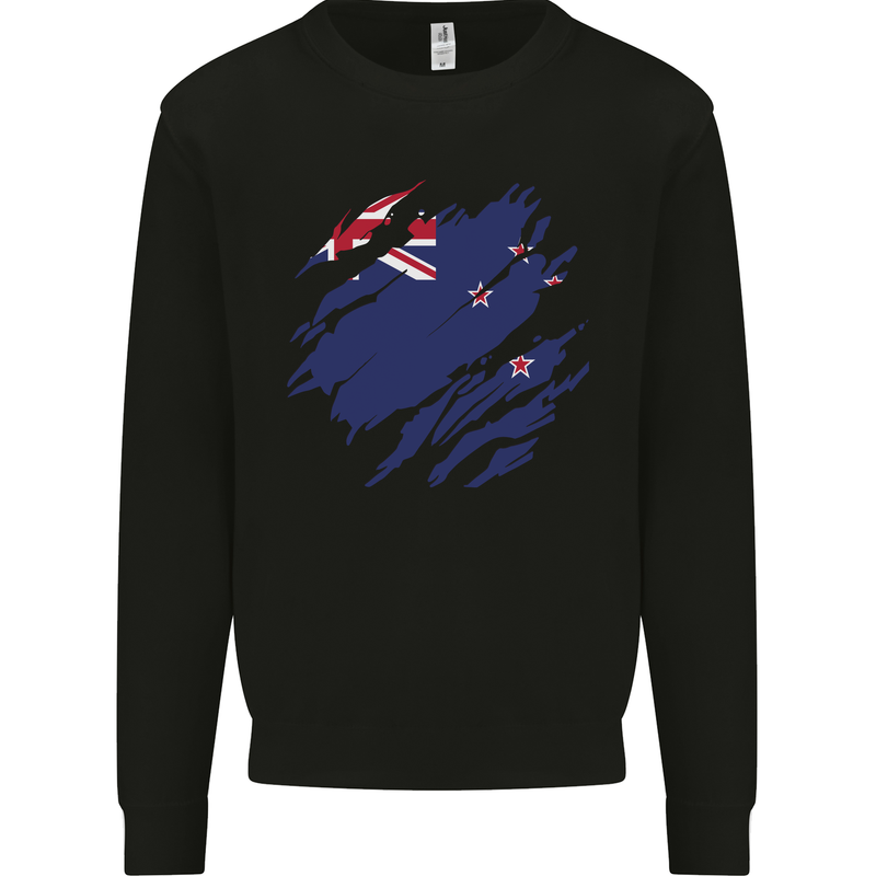 Torn New Zealand Flag Zealander Kiwi Day Kids Sweatshirt Jumper Black