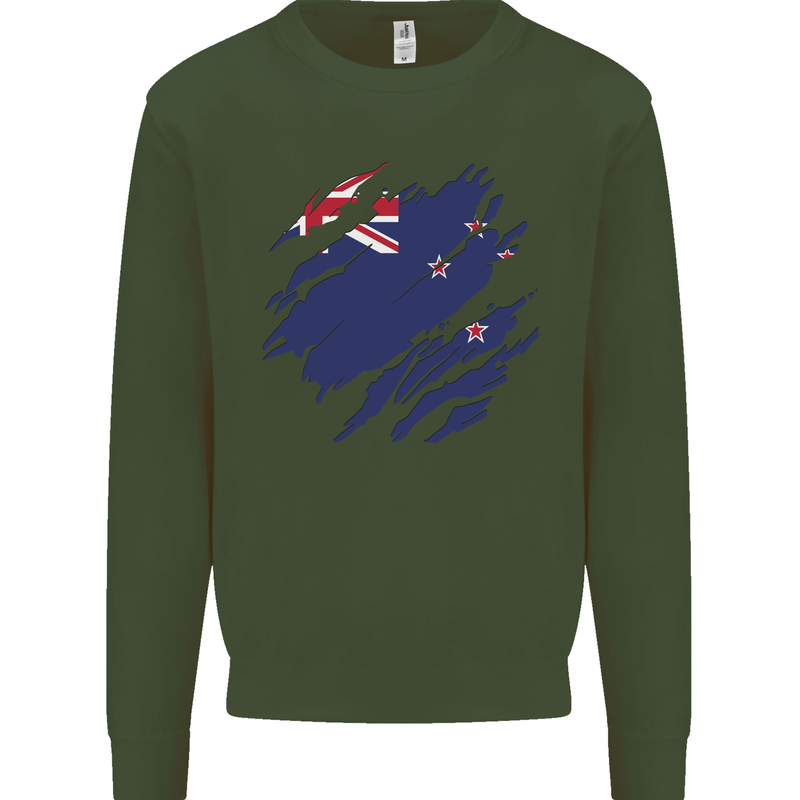 Torn New Zealand Flag Zealander Kiwi Day Kids Sweatshirt Jumper Forest Green