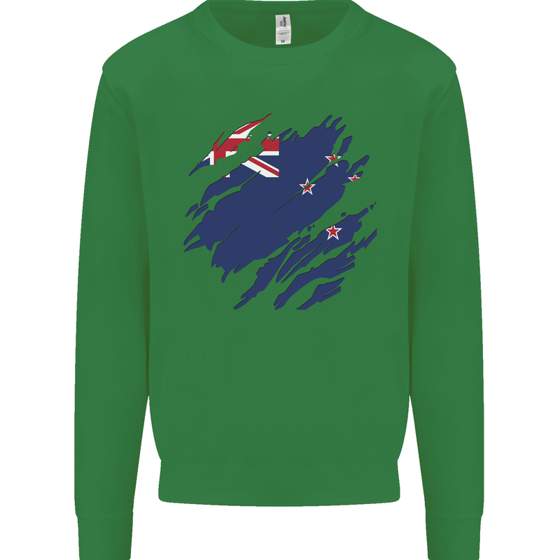 Torn New Zealand Flag Zealander Kiwi Day Kids Sweatshirt Jumper Irish Green