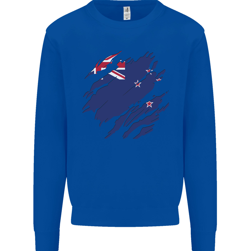 Torn New Zealand Flag Zealander Kiwi Day Kids Sweatshirt Jumper Royal Blue