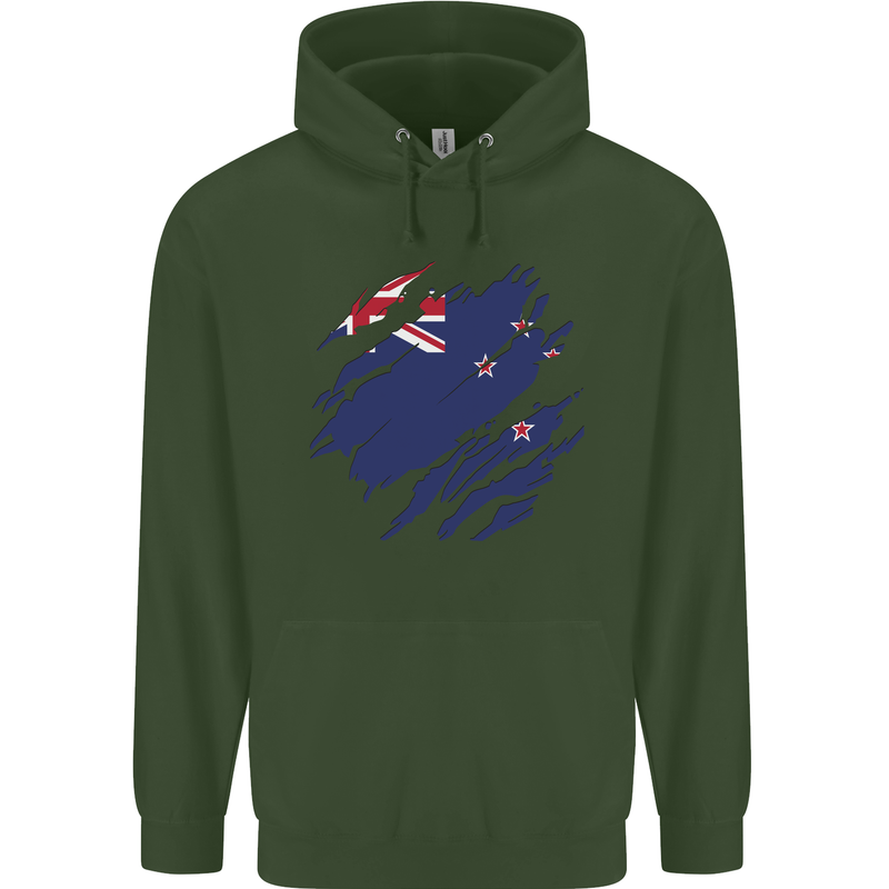 Torn New Zealand Flag Zealander Kiwi Day Mens 80% Cotton Hoodie Forest Green