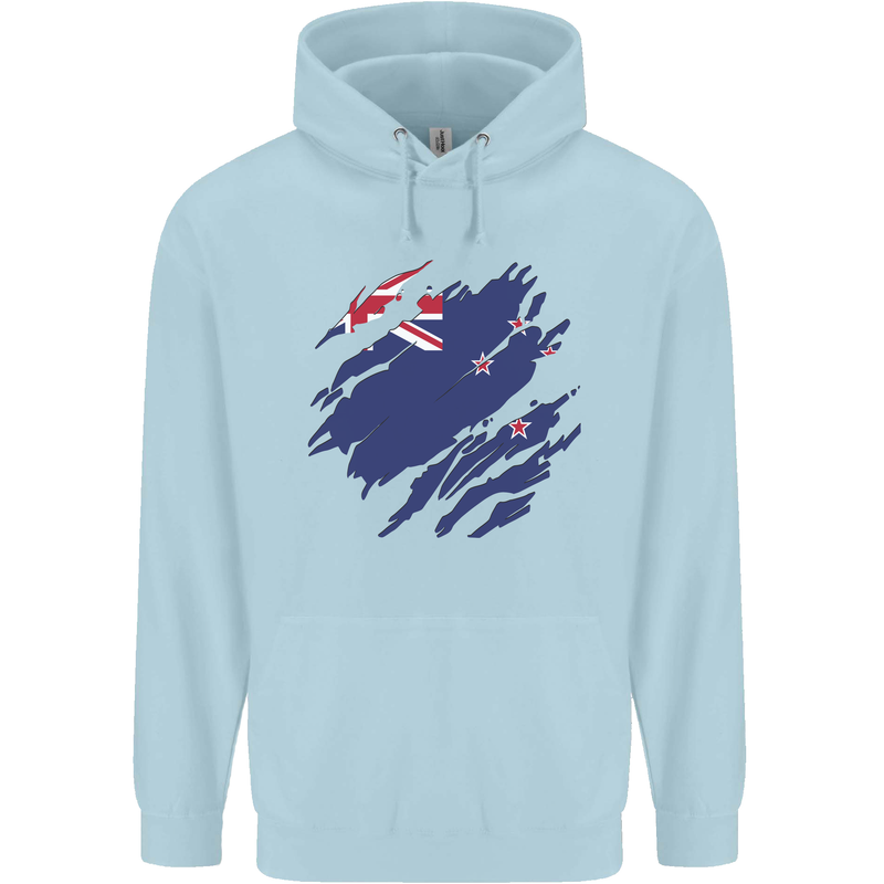 Torn New Zealand Flag Zealander Kiwi Day Mens 80% Cotton Hoodie Light Blue