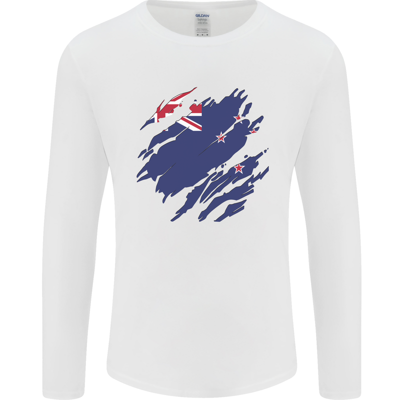 Torn New Zealand Flag Zealander Kiwi Day Mens Long Sleeve T-Shirt White