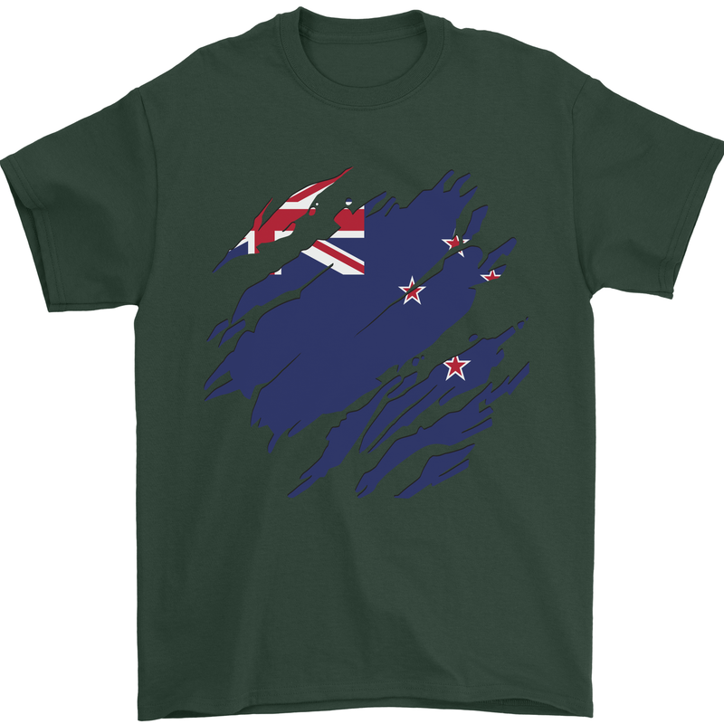 Torn New Zealand Flag Zealander Kiwi Day Mens T-Shirt 100% Cotton Forest Green