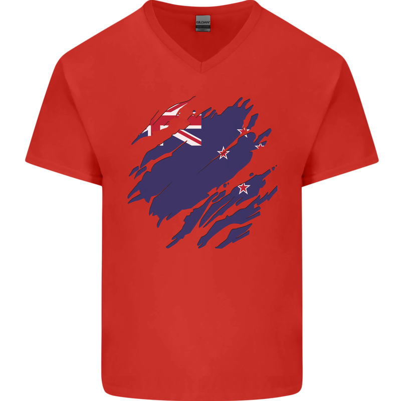 Torn New Zealand Flag Zealander Kiwi Day Mens V-Neck Cotton T-Shirt Red