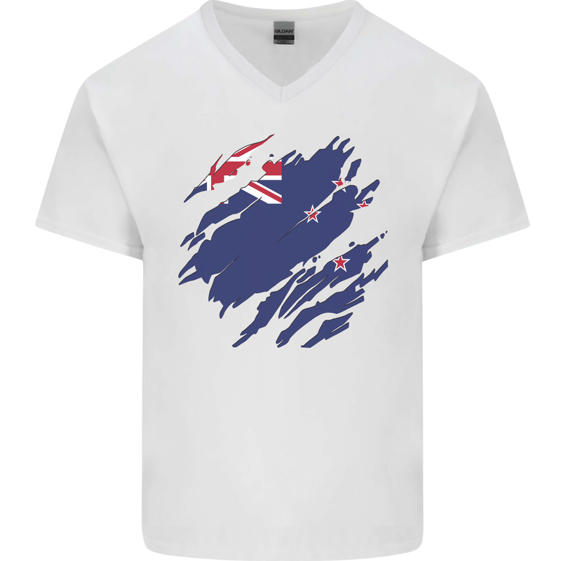 Torn New Zealand Flag Zealander Kiwi Day Mens V-Neck Cotton T-Shirt White