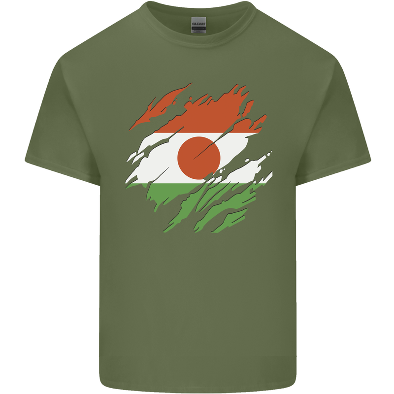 Torn Niger Flag Nigerien Day Football Mens Cotton T-Shirt Tee Top Military Green