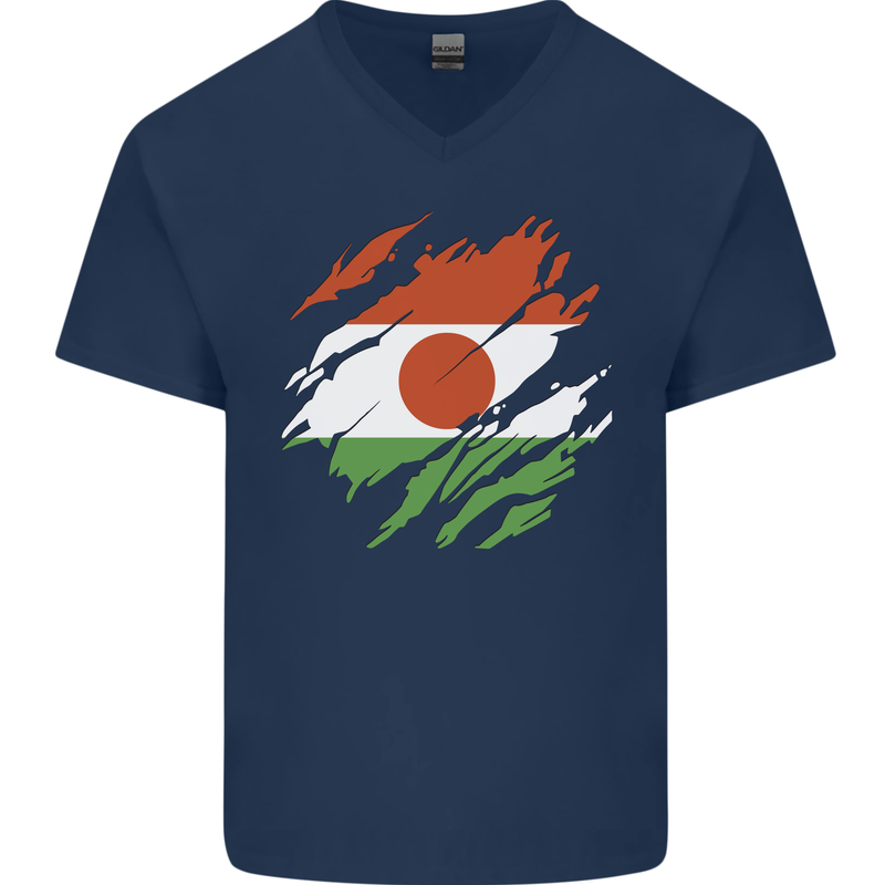 Torn Niger Flag Nigerien Day Football Mens V-Neck Cotton T-Shirt Navy Blue