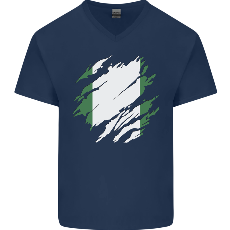 Torn Nigeria Flag Nigerian Day Football Mens V-Neck Cotton T-Shirt Navy Blue