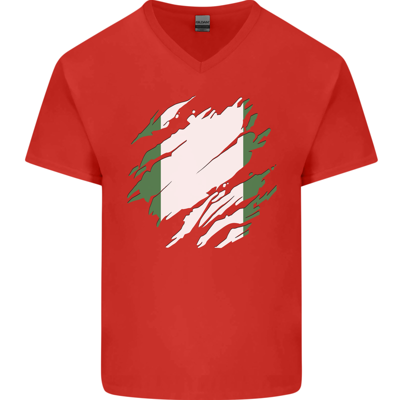 Torn Nigeria Flag Nigerian Day Football Mens V-Neck Cotton T-Shirt Red