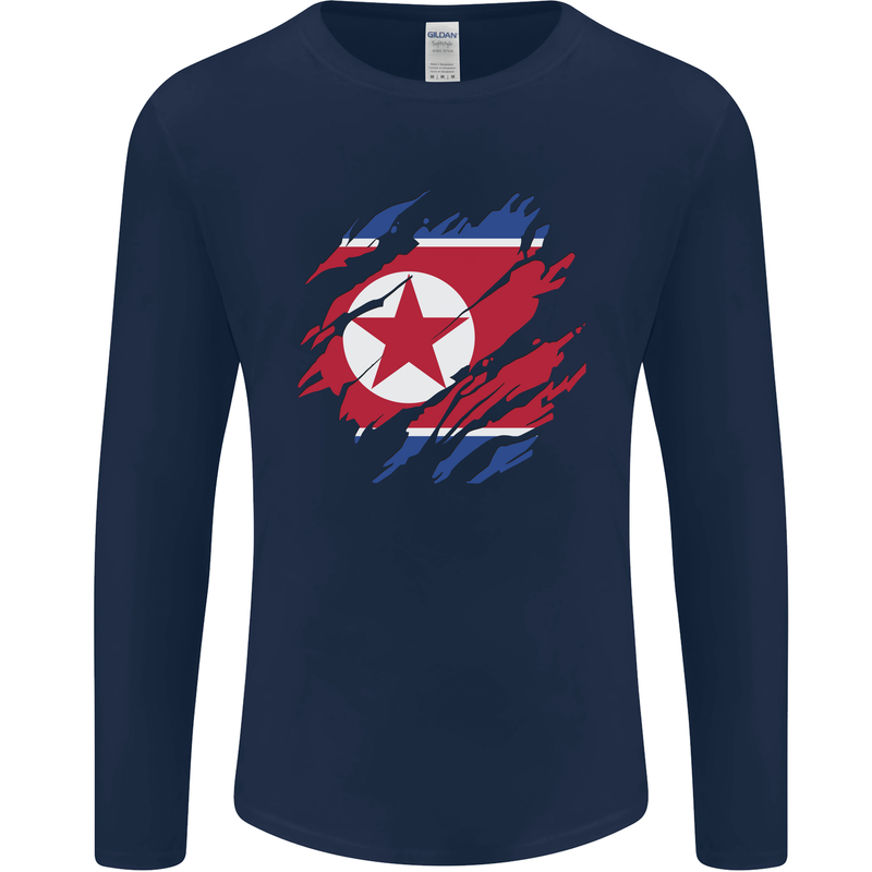 Torn North Korea Flag Korean Day Football Mens Long Sleeve T-Shirt Navy Blue