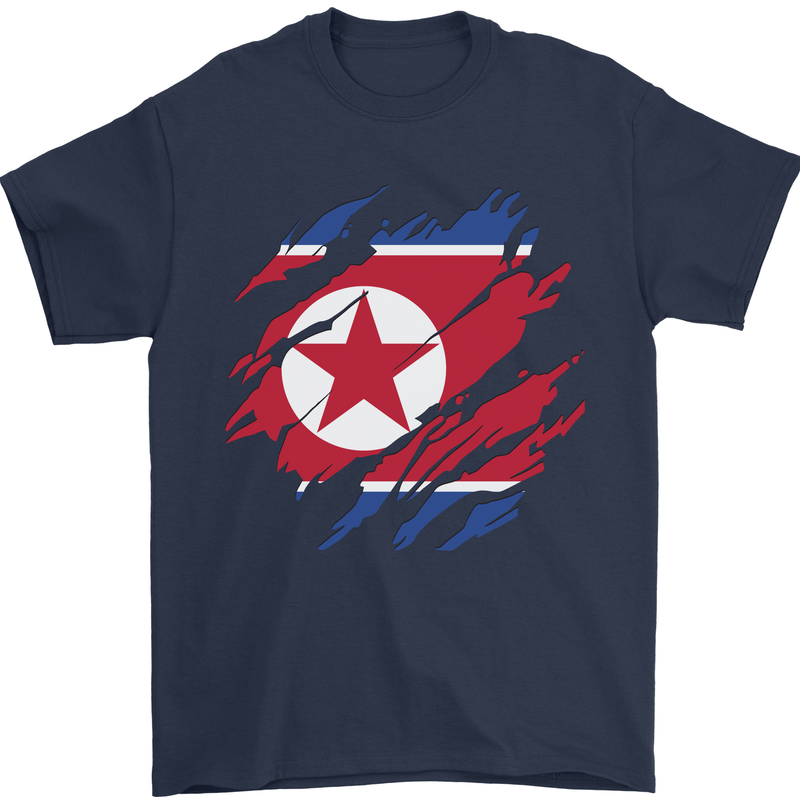 Torn North Korea Flag Korean Day Football Mens T-Shirt 100% Cotton Navy Blue