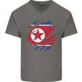 Torn North Korea Flag Korean Day Football Mens V-Neck Cotton T-Shirt Charcoal
