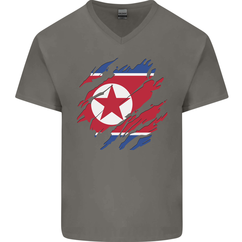 Torn North Korea Flag Korean Day Football Mens V-Neck Cotton T-Shirt Charcoal