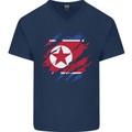 Torn North Korea Flag Korean Day Football Mens V-Neck Cotton T-Shirt Navy Blue
