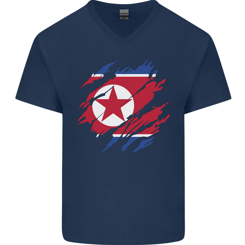 Torn North Korea Flag Korean Day Football Mens V-Neck Cotton T-Shirt Navy Blue